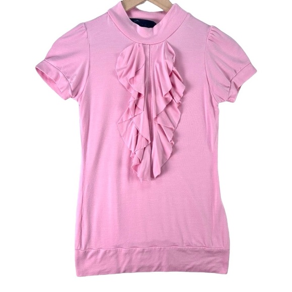 Y2K Scene Pink Barbiecore Ruffle Front Mock Neck Short Sleeve Blouse Size S Top - Picture 10 of 10